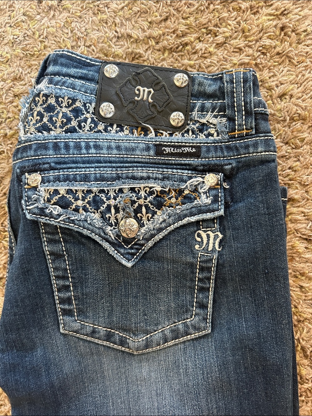Miss Me Dark Blue Embroidered Pocket Bootcut Jeans